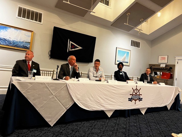 Candidates at the dais field questions at the Northport Yacht Club for the Boating Council Meet the Candidates Night on October 8th
